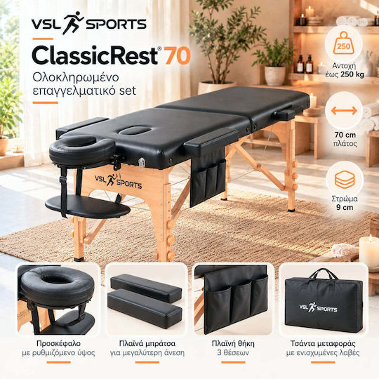VSL Sports ClassicRest Pat de Fizioterapie Portabil/Pliabil Negru din Lemn 185x70 cm