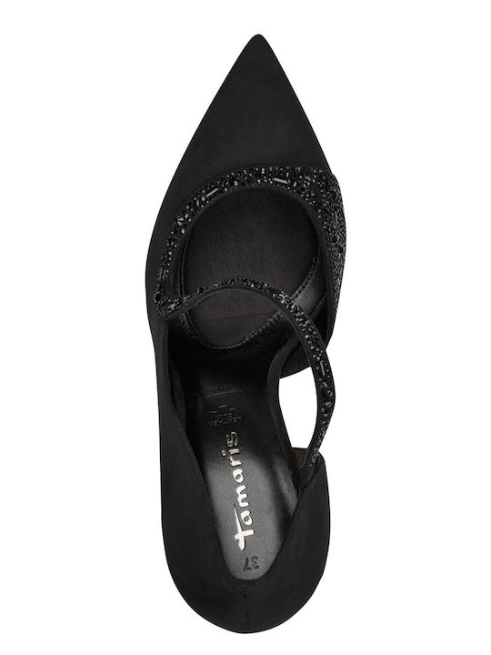 Black Leather Pointed-Toe Pumps with Strap & Thin Mid Heel