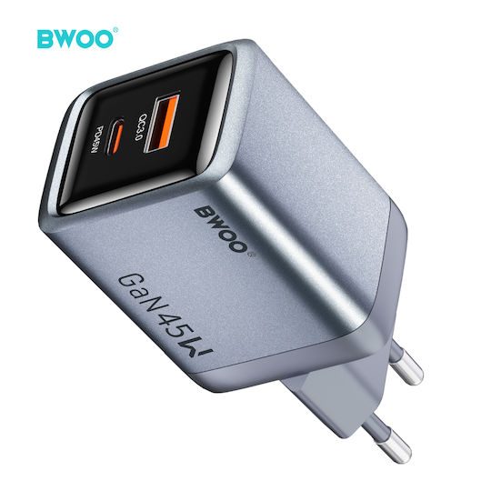 BWOO Încărcător Fără Cablu GaN cu Port USB-A și Port USB-C 45W Power Delivery Gri Închis (BO-CDA240)