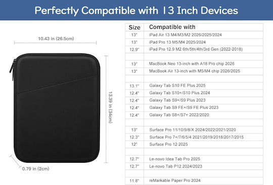 Θήκη Προστασίας Slim 13 Inch Tablet Laptop Πολλαπλές Θήκες Ανθεκτικό Σταγόνες Υλικό Συμβατή Ipad Pro 13"/12.9" Galaxy Tab S10+/s9+ Surface Pro Remarkable Μαύρο