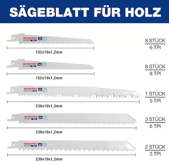 Säbelsägeblatt-Set Workpro 32-teilig für Holz Metall & Kunststoff mit Transportkoffer W000501a