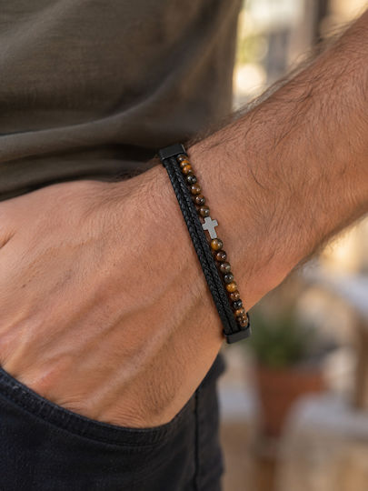 Men’s Tiger Eye Bracelet Stainless Steel Cross Magnetic Clasp