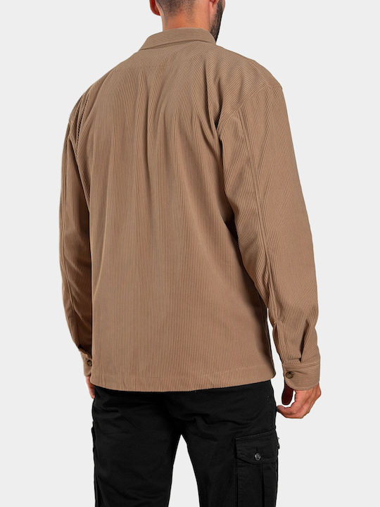 Overshirt din Catifea Raiată cu Mânecă Lungă Bej