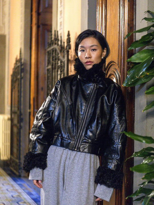 Eleh Cropped Lederjacke für Damen für den Winter Schwarz