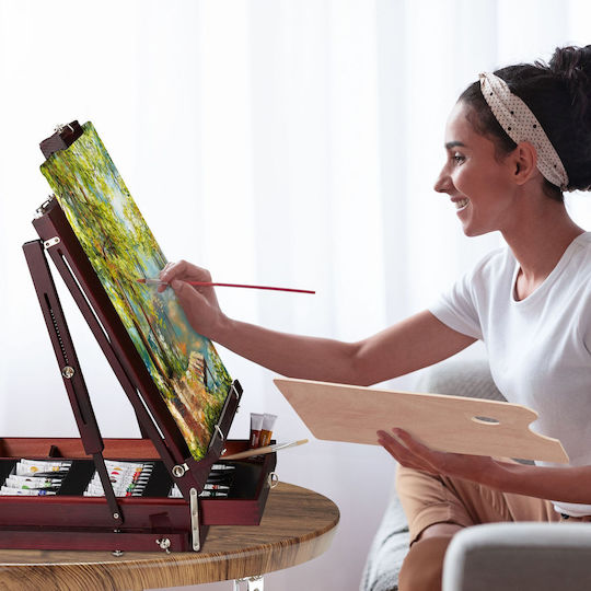 Relaxdays Șevalet de Pictură 10034497 Convertibil, din Lemn, Tip Masă, cu Trepied Reglabil 100–180 Cm, Include Pânză de 50 × 40 Cm, Paletă, 4 Pensule și Set de Vopsele Acrilice, în Ulei și Acuarelă, Maro
