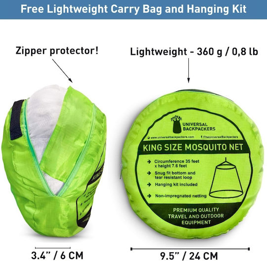 Plasă Antițânțari pentru Pat Dublu sau Single, Neutră, pentru Backpackeri, Fără Deschidere, Complet Închisă, Mărimea XL, 10.5 X 2.3 M, Instalare Simplă într-un Singur Punct, Plasă Densă Albă, Bază Elastică, Husă de Transport Inclusă
