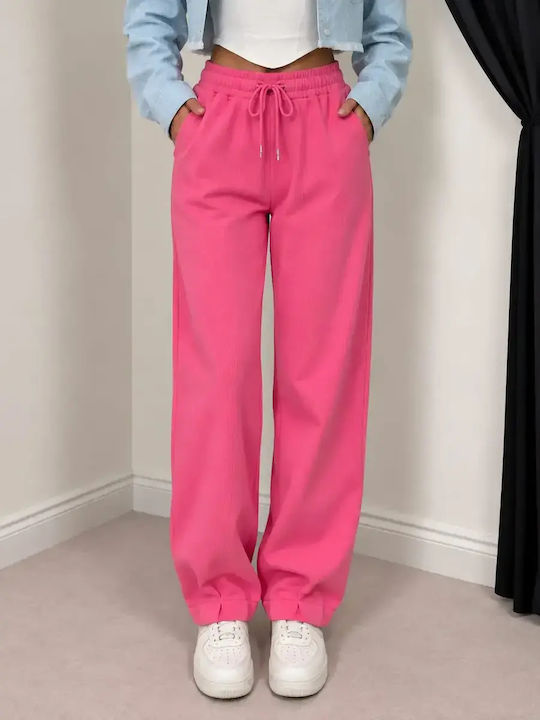 Damenhose mit hohem Bund aus Rippstoff mit Gummizug in lockerer Passform Rosa