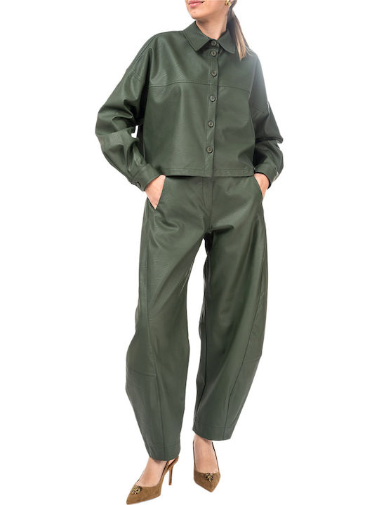 Moutaki Women's High-Waisted Fabric Trousers in a Loose Fit Khaki