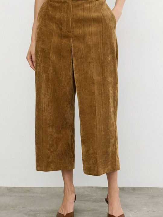 Women's High-Rise Brown Corduroy Capri Trousers