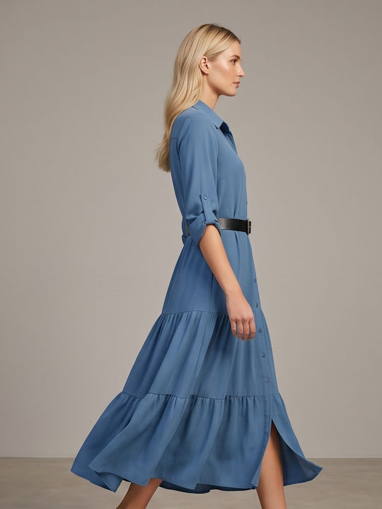 Rochie Cămașă de Vară Midi din Piele Albastră