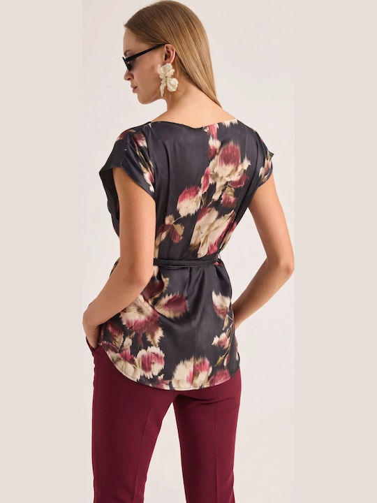 Women's Satin Short Sleeve Floral Blouse Burgundy