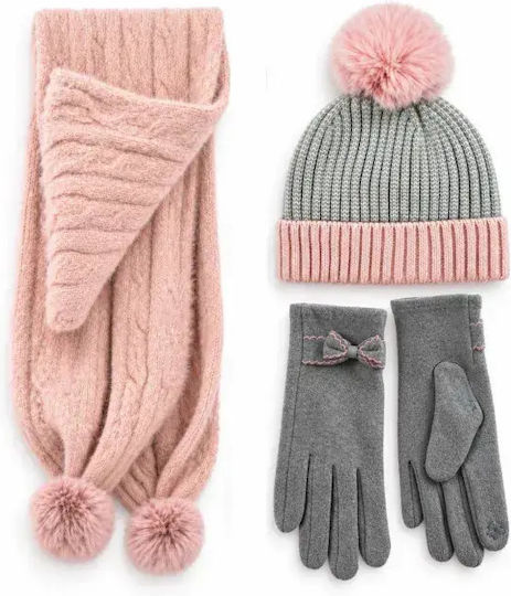 Women's Set with Knitted Beanie in Pink