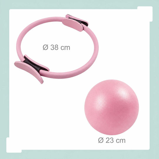 Set Pilates Relaxdays 10054390_52, 11 piese, cerc Pilates Ø38 cm, minge de 23 cm, 5 benzi scurte de rezistență de 35 × 8 cm, bandă lungă de rezistență de 150 × 15 cm, 2 gantere de 1 kg, geantă de transport, pompă, roz