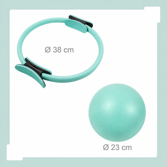 Set Pilates Relaxdays 10054389_53 13 Piese Cerc Pilates Ø38 Cm Minge Ø23 Cm 5 Benzi Scurte 30x5 Cm Bandă Lungă 150x15 Cm 2 Manșete cu Greutăți pentru Încheieturi și Glezne 1 Kg Pompă Ruletă Geantă Verde Mentă