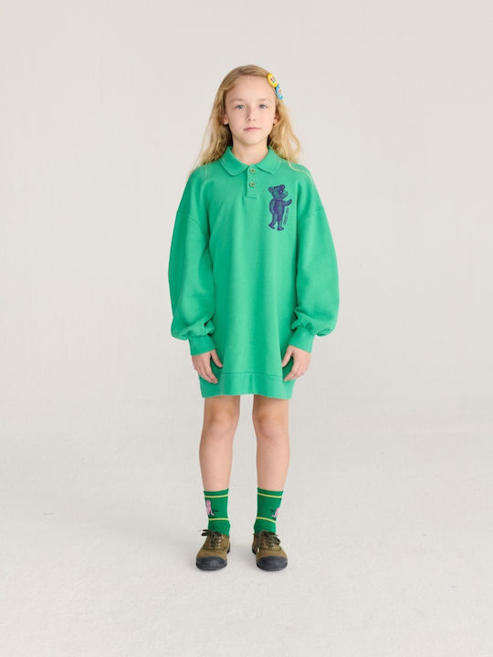 Rochie Verde pentru Copii din Bumbac, cu Mâneci Lungi