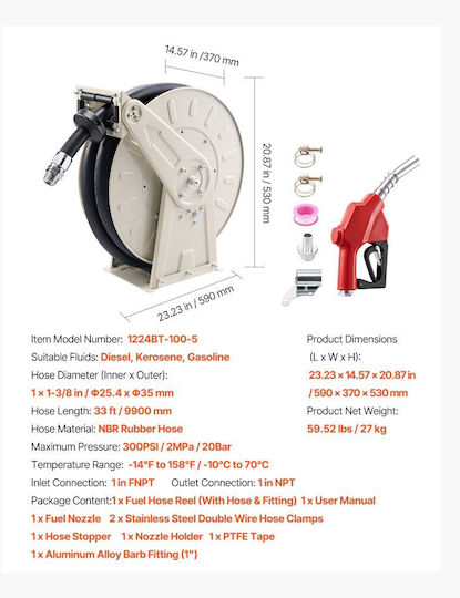 Vevor Fuel Hose Reel 25.4 x 9900 mm Automatic Retracting 300 PSI Diesel Kerosene Cyrgjpddk33frepdp001v0