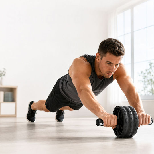 Relaxdays Roată pentru abdomene 10054349 cu 3 Roți Antiderapante, Saltea pentru Genunchi, Neagră