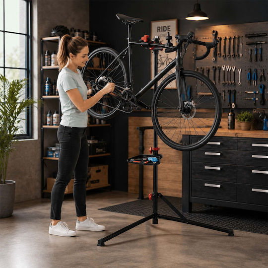 Relaxdays Bicycle Repair Stand 10054796_46 Adjustable Telescopic 115–160 Cm 30 Kg Capacity Frame Thickness Up To 75 Mm Magnetic Tray Steel Black Red