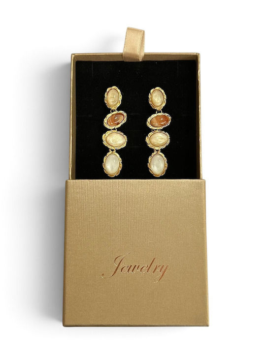 Women's Earrings Gold-Coloured Oval Stones Statement Design Handmade Product Beige Brown Gold White Women 7 Cm Ssn203