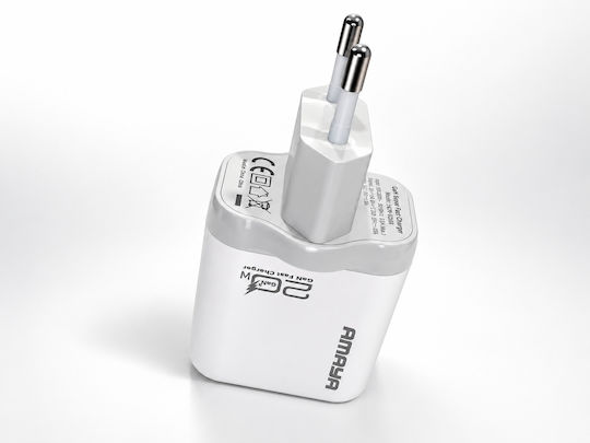 Amaya GaN Зарядно Устройство с USB-C Порт и USB-C - USB-C Кабел 20W Power Delivery Бяло (ACW-E280S-CC)