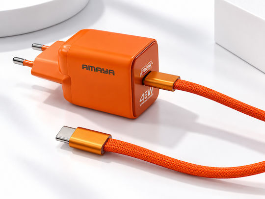 Amaya GaN зарядно устройство с USB-C порт и USB-C - USB-C кабел 45 W Power Delivery оранжев (ACW-E450S+CC)