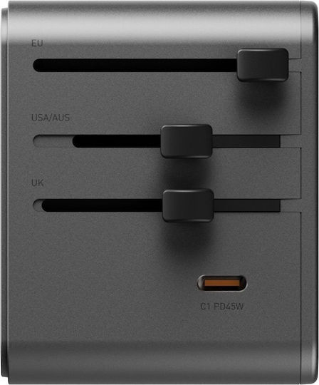 Energea Зарядно устройство без кабел GaN с 2 USB-A порта и 3 USB-C порта 45W Power Delivery Gunmetal (Travelworld Mini)