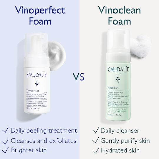 Caudalie Vinoperfect Spumă Micropeeling Iluminatoare de Curățare a Feței pentru Strălucire și Acțiune Hidratantă 100ml