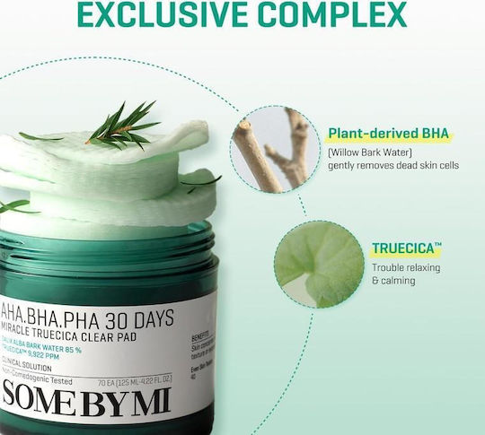 Some By Mi Aha Bha Pha Days Miracle Truecica Pads de Curățare a Feței pentru Controlul Sebumului și Acțiune Calmanta 70 Bucăți