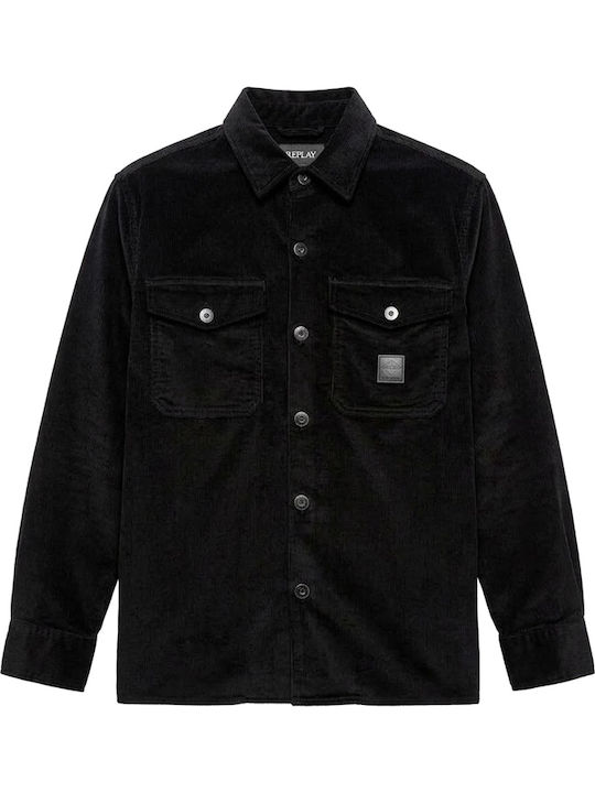 Рипсено кадифено overshirt с дълъг ръкав, стандартна кройка, черно