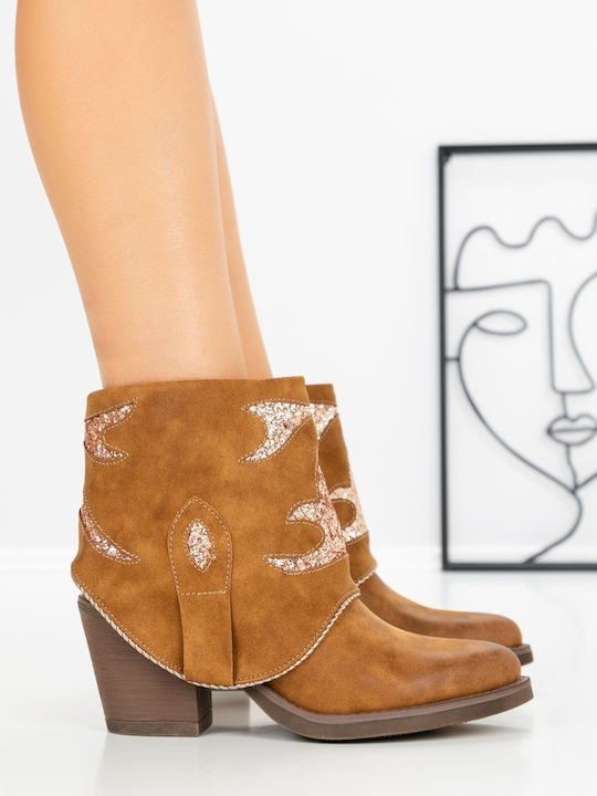 Leather Women's Ankle Boots with Mid Heel Brown