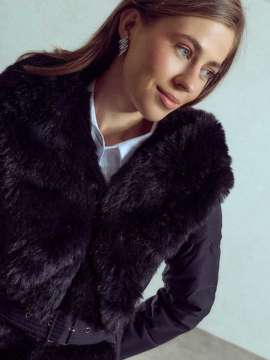 Damenjacken Steppjacke mit pelziger Kapuze Schwarz