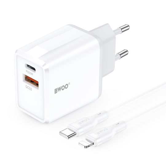 BWOO Încărcător cu Port USB-A și Port USB-C și Cablu USB-C - Lightning 38W Power Delivery Alb