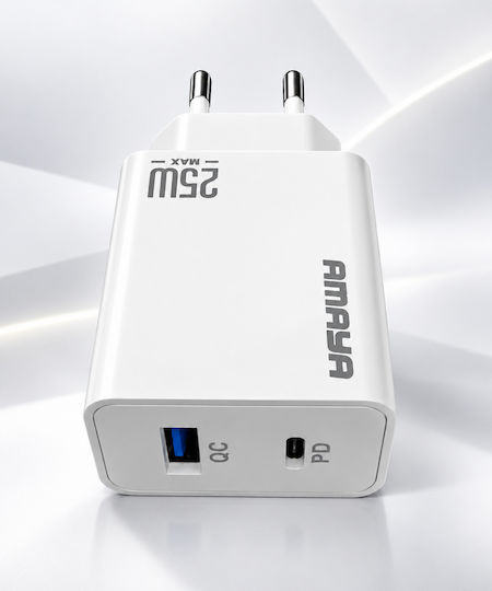 Amaya Зарядно Устройство Без Кабел с USB-A Изходен Порт и USB-C Изходен Порт 25W Power Delivery Бял (ACW-E221D)