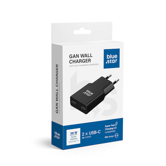 Blue Star Зарядно без кабел GaN с 2 USB-C порта 30W Power Delivery / Quick Charge 4.0 Черен (TFK-SC-30WCC)