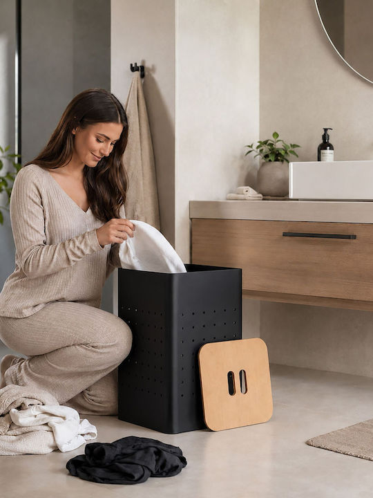 Relaxdays Metal Laundry Basket 70 L with Lid 31.5x31.5x69cm Black
