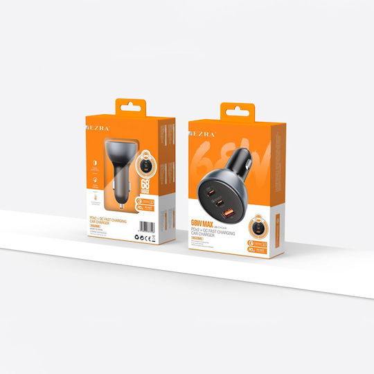 Ezra 68W Schnellladegerät fürs Auto mit Anschlüssen: 2x USB-A 1x USB-C