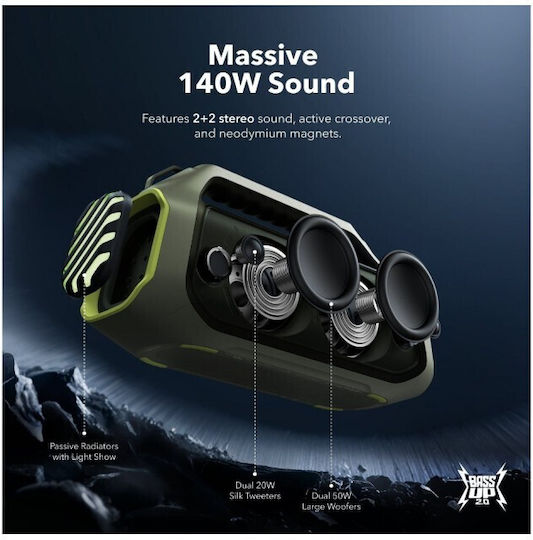 Soundcore Boom 2 Plus New Version Αδιάβροχο Ηχείο Bluetooth 140W με Διάρκεια Μπαταρίας έως 20 ώρες Πράσινο