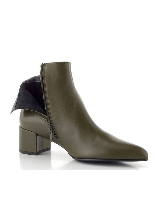 Leather Women's Ankle Boots with Medium Heel Khaki