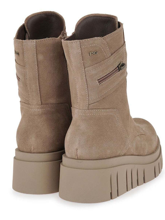 Suede Women's Brown Combat Boots with Medium Heel