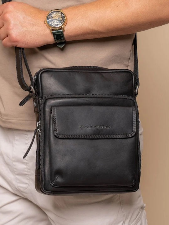 Geantă De Umăr / Tip Crossbody Bărbătească Din Piele Neagră