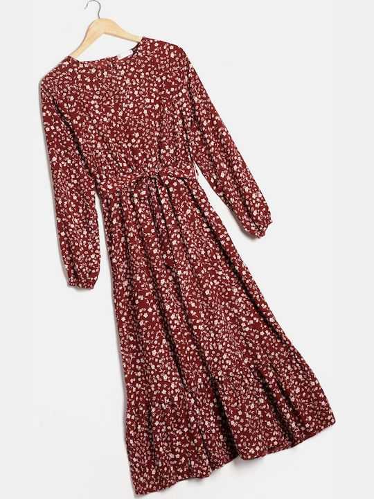 Midi Floral Print Dress with Ruffle Hem Burgundy Size XS Burgundy