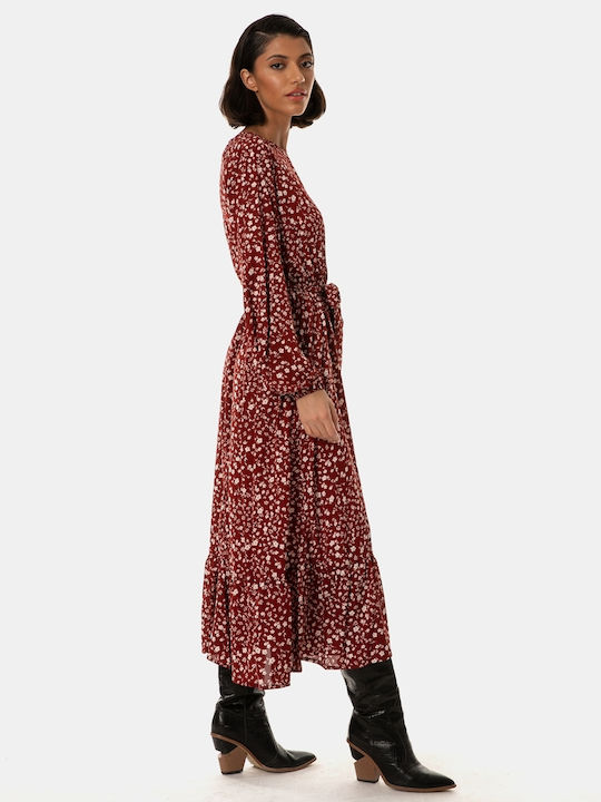 Midi Floral Print Dress with Ruffle Hem Burgundy Size XS Burgundy