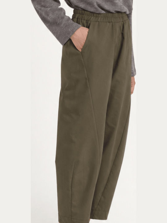 Pantaloni Dama din Material cu Talie Înaltă și Elastic Kaki
