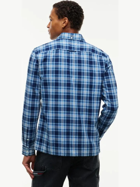Long Sleeve Cotton Shirt in Regular Fit Checked Blue