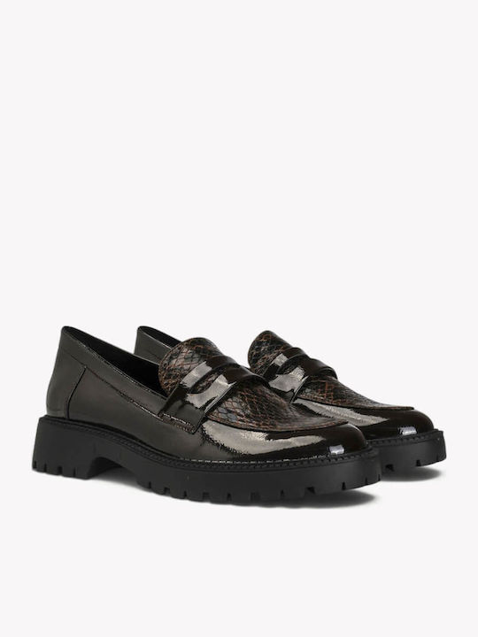 Loafers Maro din Lac cu Imprimeu Snake și Talpă Crenelată
