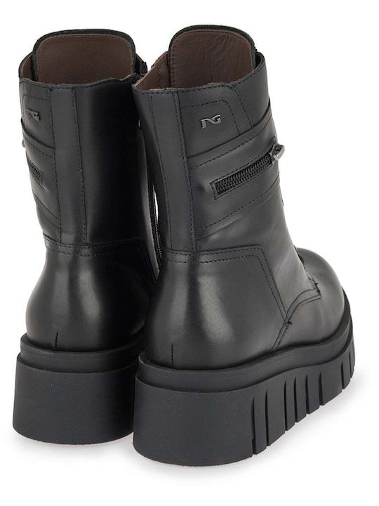 Black Leather Women's Combat Boots with Medium Heel