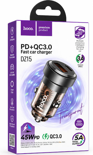 Hoco Dz15 Contact Car Charger Pd45w Qc 1xusb-a 1xusb-c Transparent Smoked Black