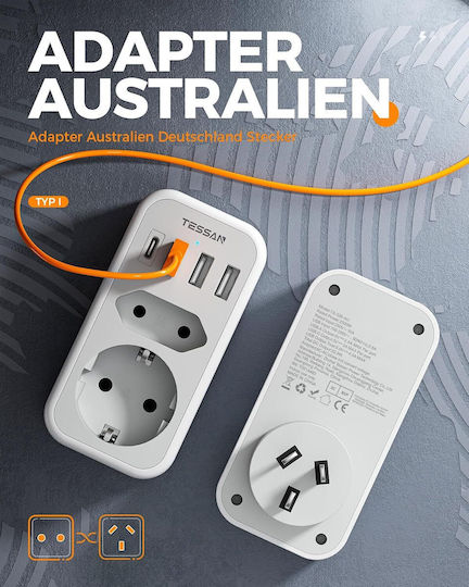 Tessan Μονόπριζο 2 Θέσεων με 3 USB-A και 4 USB-C
