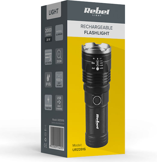 Rebel Lanternă LED Reîncărcabilă IP65 cu Luminozitate Maximă de 2000 lm