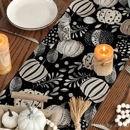 Decorative Autumn Table Runner Black Leaves Pumpkins 40x140 Cm